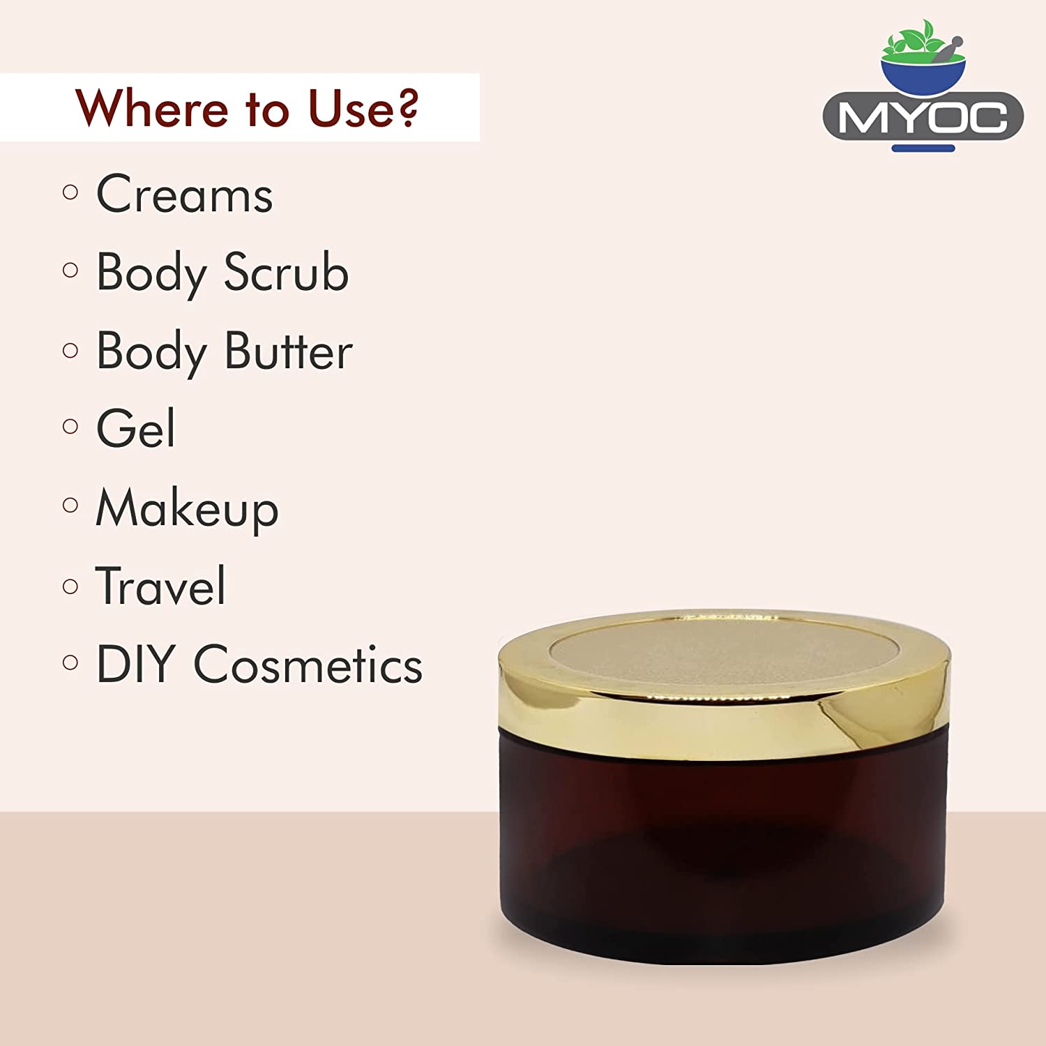 Shoprythm Cosmetic Jar MYOC Amber San Jars with Golden Cap & Inner lid for Creams, Gels, Body Scrub & Butter Shoprythm Cosmetic Jar MYOC Amber San Jars with Golden Cap & Inner lid for Creams, Gels, Body Scrub & Butter